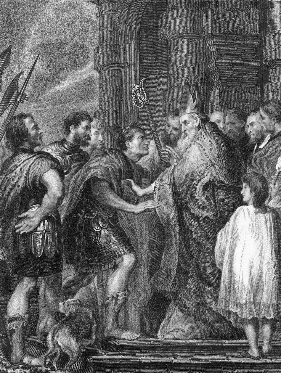 St Ambrose refusing Emperor Theodosius admittance into the church (engraving) by Anthony van (after) Dyck