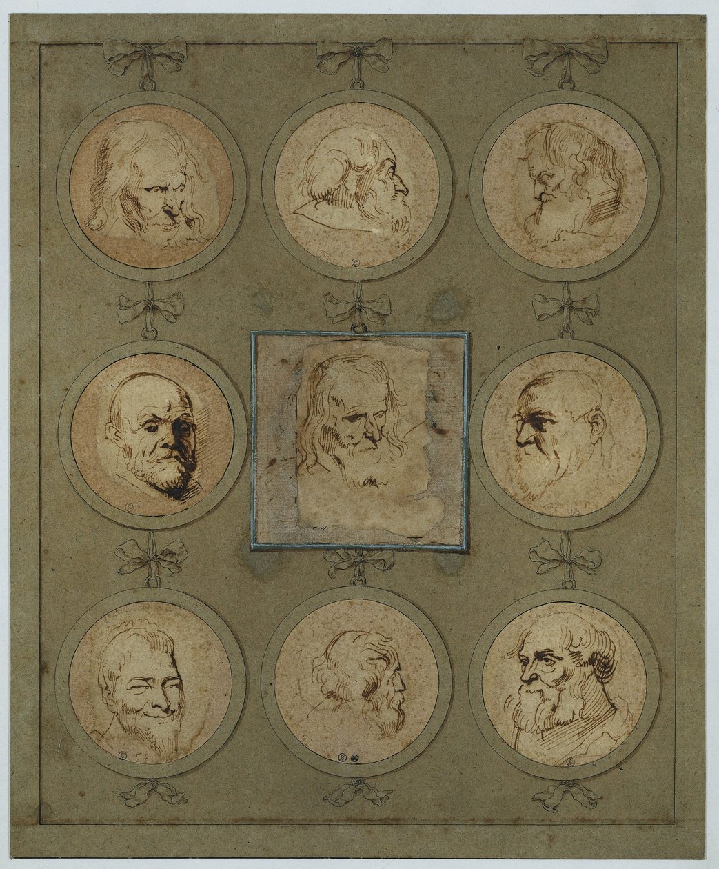 Collection Sheet with Nine Study Heads in Medallions by Anthony van Dyck