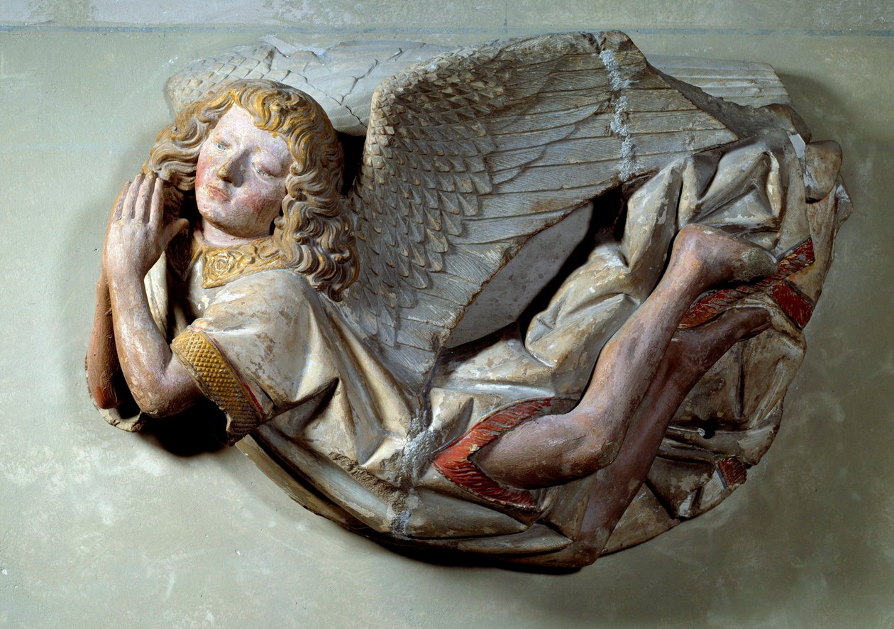 Flying Angel Relief in Polychrome Limestone (1490) by Antoine (attr. to) Le Moiturier