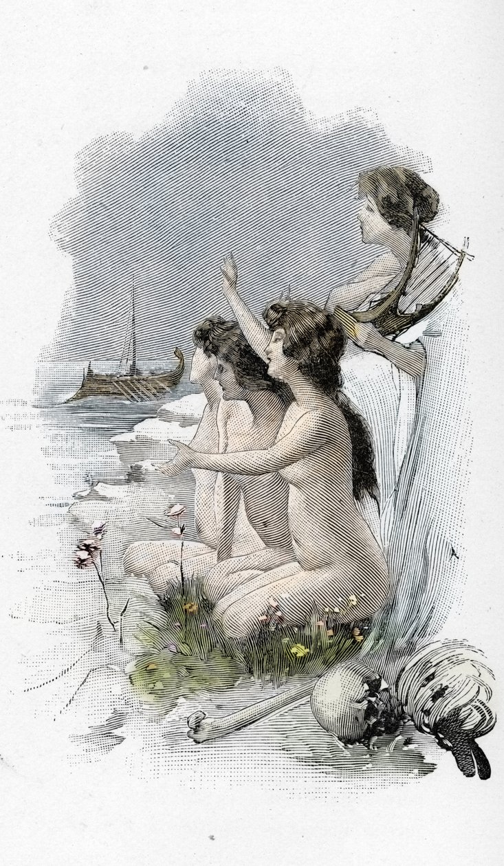 Odyssey by Homer: Odysseus and the sirens who sang an enchanting song that normally caused passing sailors to steer towards the rocks, only to hit them and sink. Illustration by Antoine Calbet for 