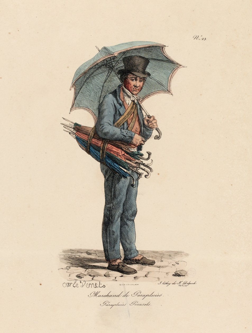 The Umbrella and Parasol Seller, number 23 from The Cries of Paris series, engraved by Francois Seraphin Delpech by Antoine Charles Horace Vernet