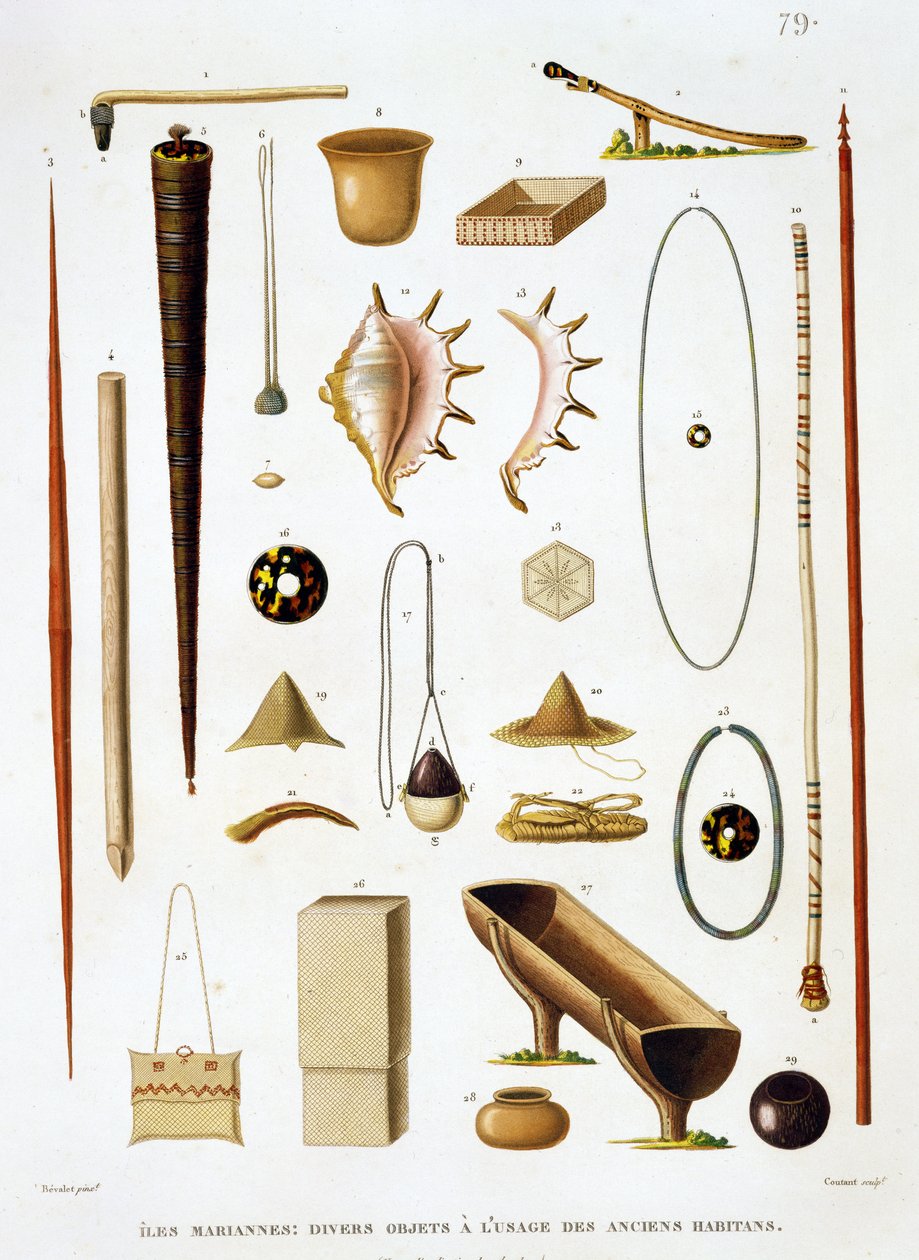 Household utensils and weapons from the Mariannas Islands, from Voyage autour du Monde, by Louis Claude Desaulses de Freycinet, engraved by Jean Louis Denis Coutant, published 1824 by Antoine Germain Bevalet