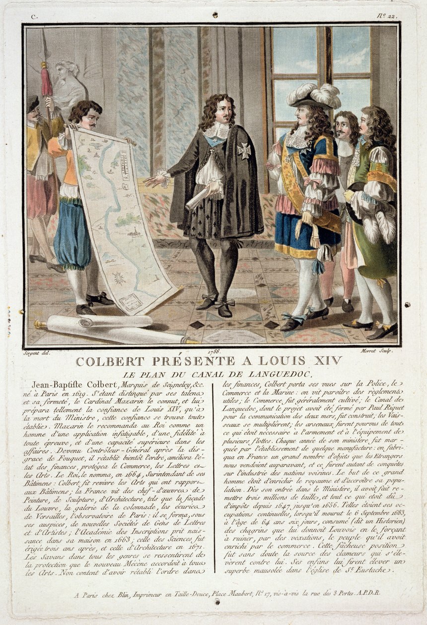 Jean Baptiste Colbert presents the map of the Canal du Languedoc to Louis XIV, engraved by Jean Baptiste Morret, 1788 by Antoine Louis Francois Sergent Marceau