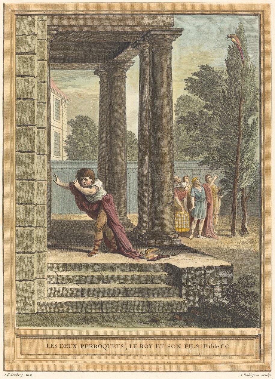 Two Parrots, the King, and His Son by Antoine Radigues after Jean Baptiste Oudry