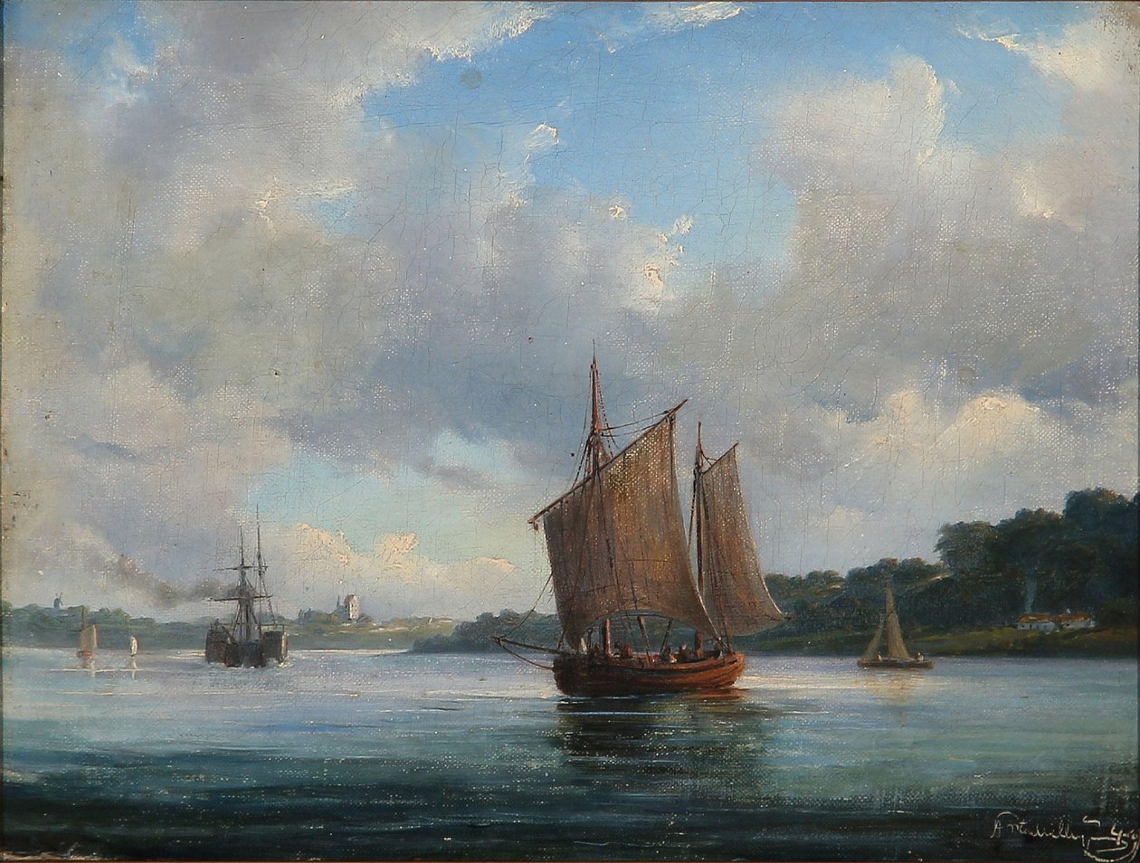 Fiord scene with fishing boats and a paddle steamer by Anton Melbye
