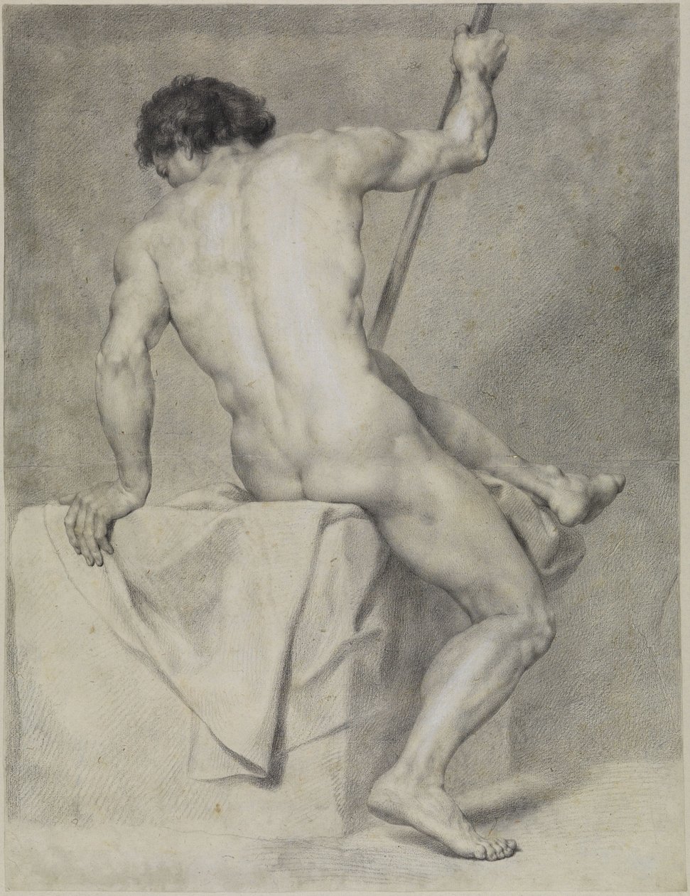 Seated Male Nude from Behind, Leaning Left, Holding a Staff with Right by Anton Raphael Mengs