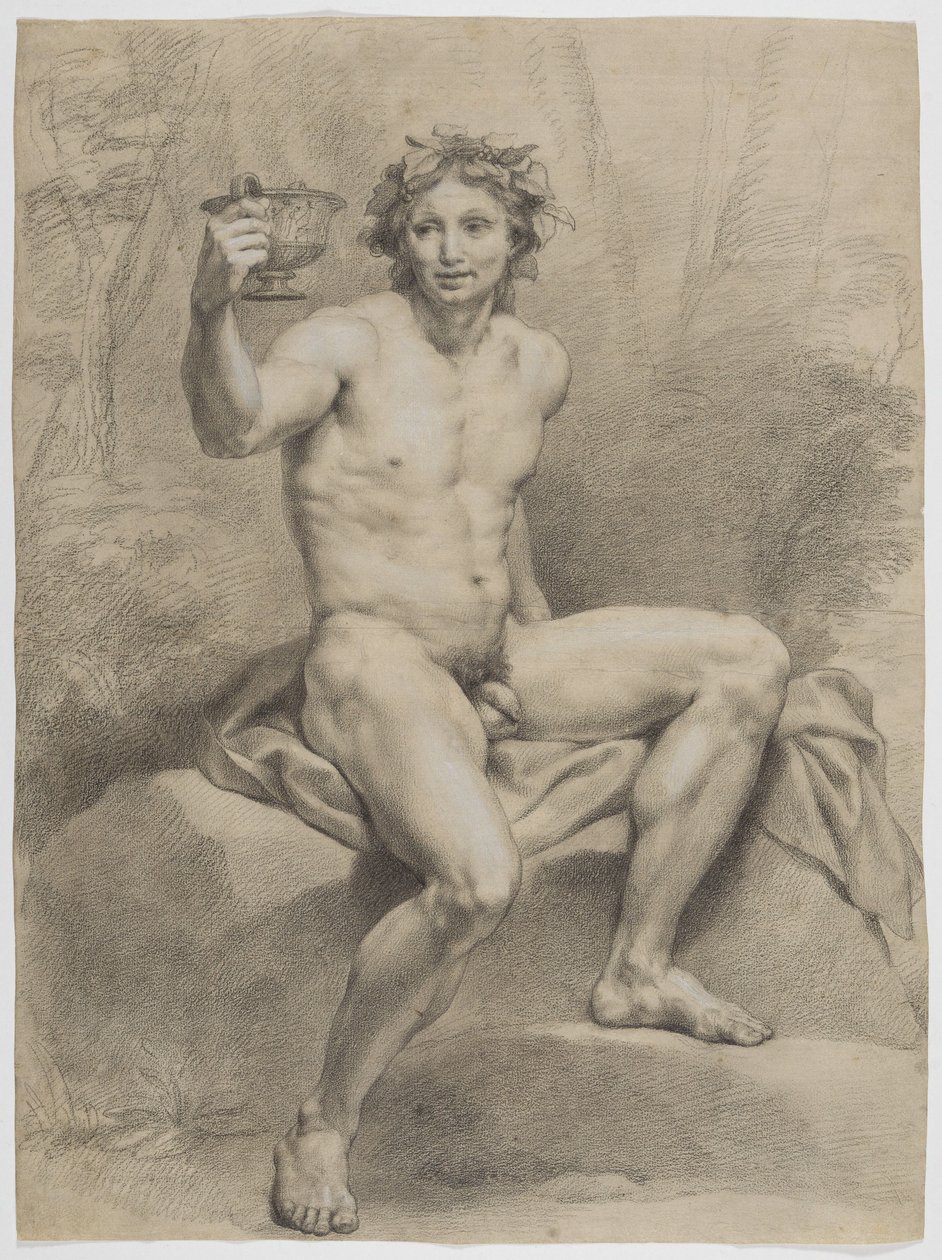 Seated Male Nude, Diagonally to the Right, with Vine Wreath and Drinking Bowl in the Right Hand by Anton Raphael Mengs