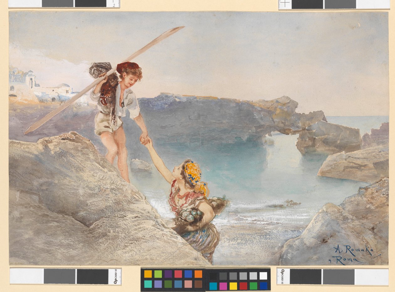 Italian Fisher Boy and Fisher Girl on the Rocky Coast of Capri by Anton Romako