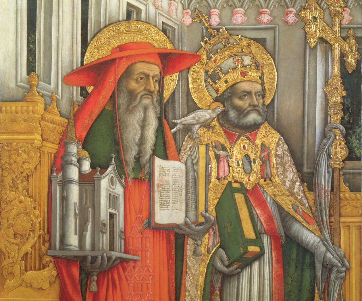 St. Jerome and St. Gregory, (detail) of left panel from The Virgin Enthroned with Saints Jerome, Gregory, Ambrose and Augustine, 1446 (post restoration) by Antonio Vivarini