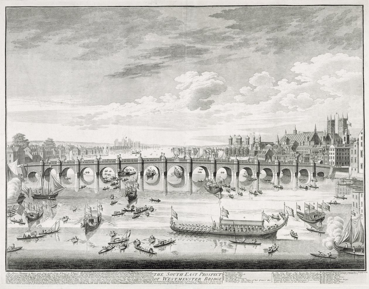 The South East Prospect of Westminster Bridge - Boats Arriving at Parliament for the Swearing in of Sir John Barnard as Lord Mayor of the City of London, 1747 by Giovanni Antonio Canal
