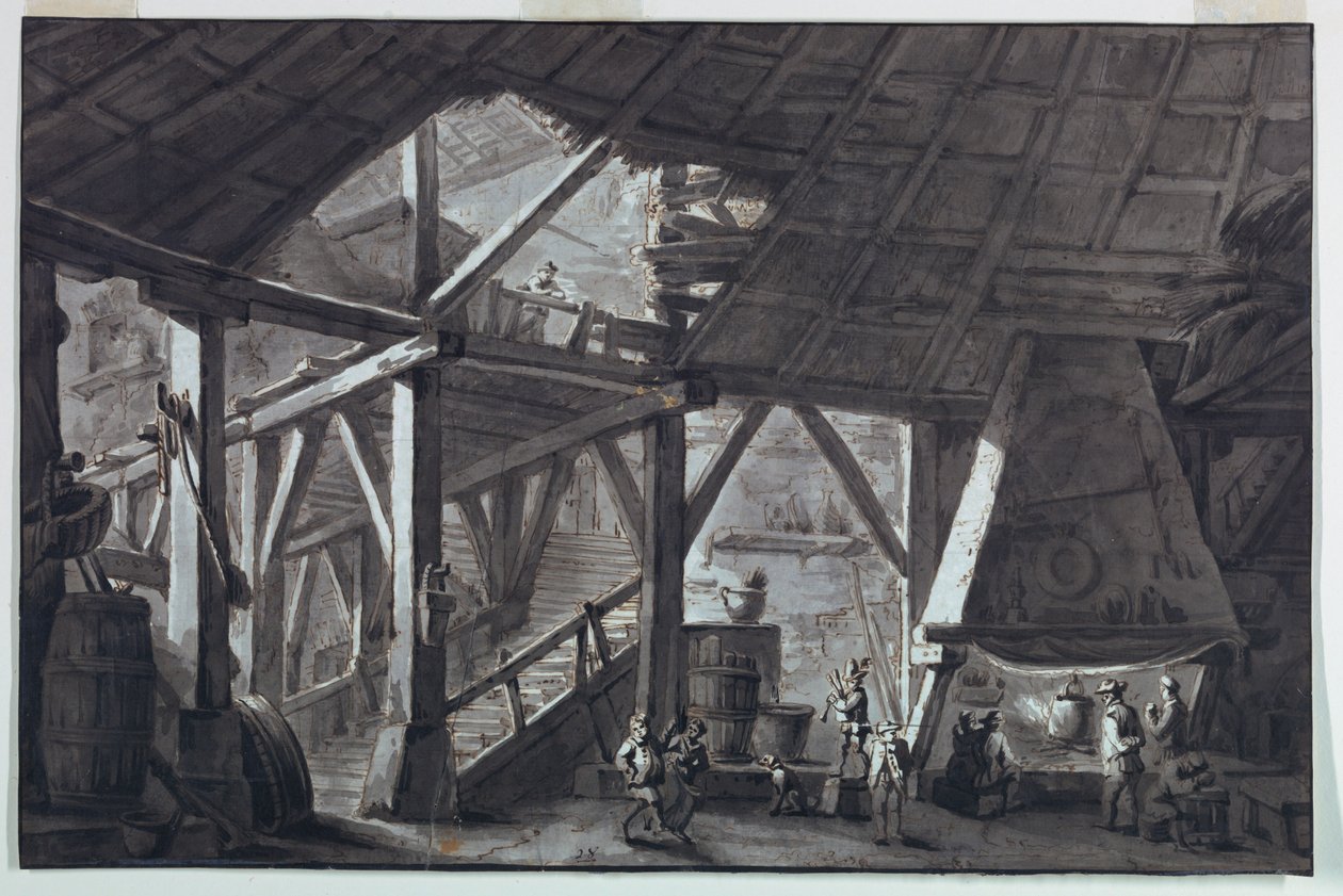 Stage Design, Ruined Farm Building Interior by Antonio Giuseppe Basoli