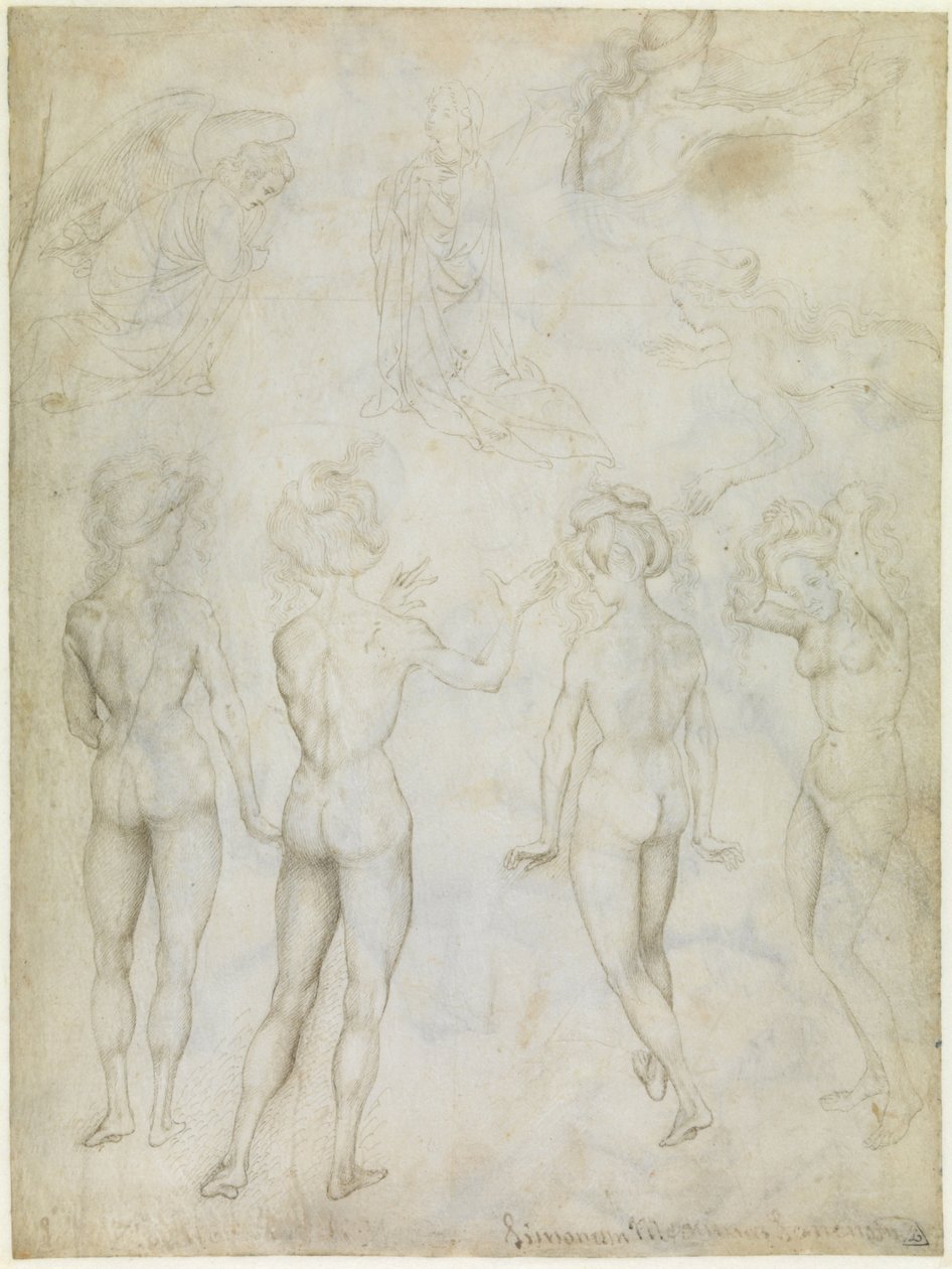 Four Studies of a Female Nude, an Annunciation and Two Studies of a Woman Swimming by Antonio Pisanello