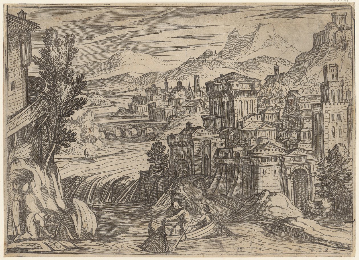 River Landscape with a City on the Right and a Fishing Boat in the Foreground by Antonio Tempesta