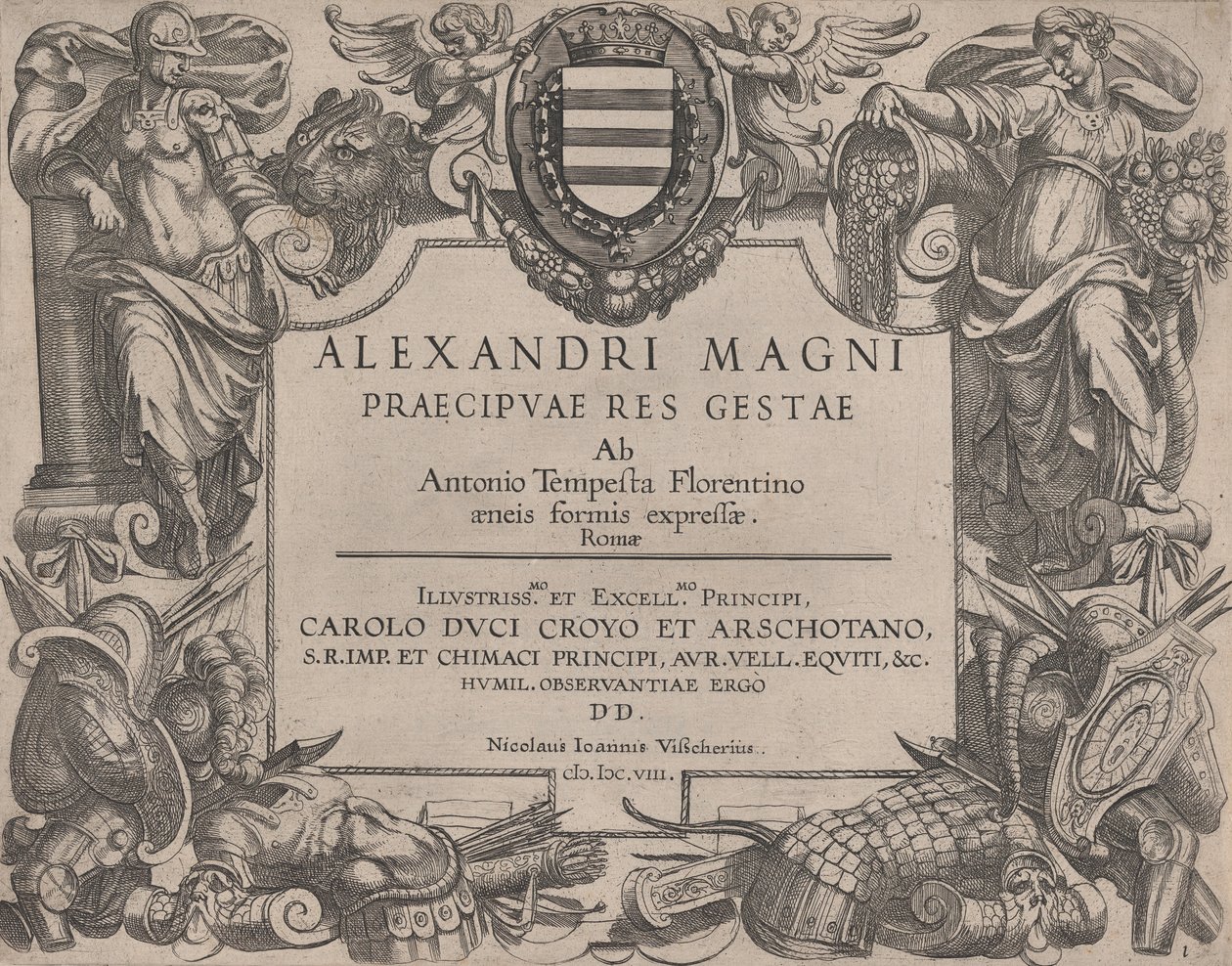 Frontispiece to the life of Alexander the Great, at left is Bellona and at right a female figure by Antonio Tempesta