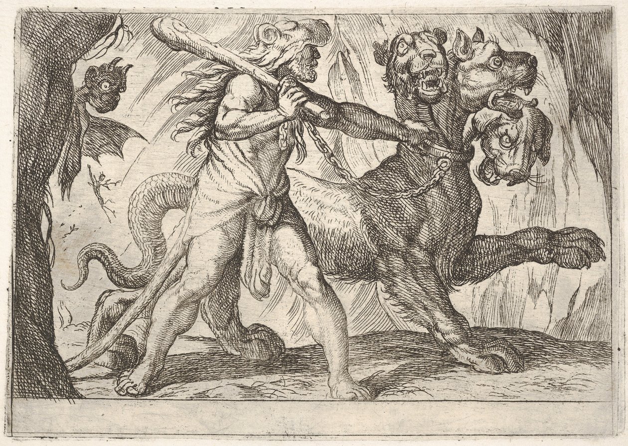 Hercules and Cerberus: Hercules grasps the collar of Cerberus, two demons appear at left by Antonio Tempesta