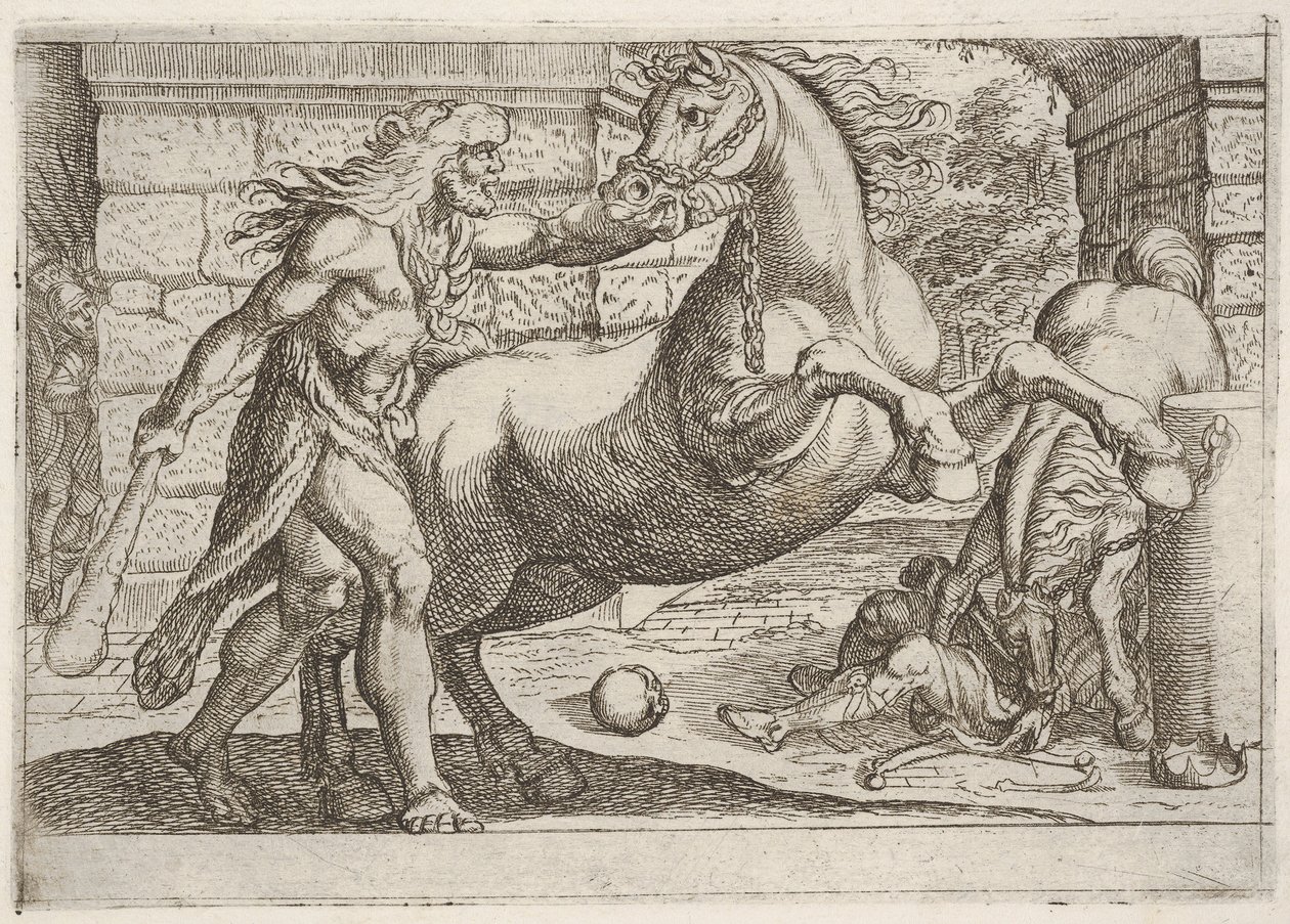 Hercules and the Mares of Diomedes: Hercules Grasps the Bridle of a Rearing Horse by Antonio Tempesta