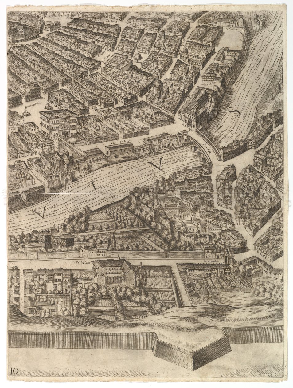 Plan of the City of Rome. Part 10 with the Tiber and the Villa Farnesina by Antonio Tempesta