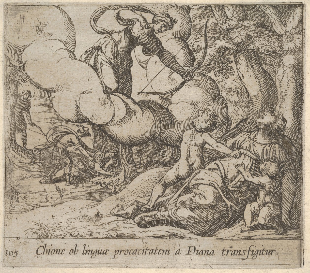 Plate 105: Diana Aiming Her Bow Toward Chione, Who is Accompanied by Two Children by Antonio Tempesta