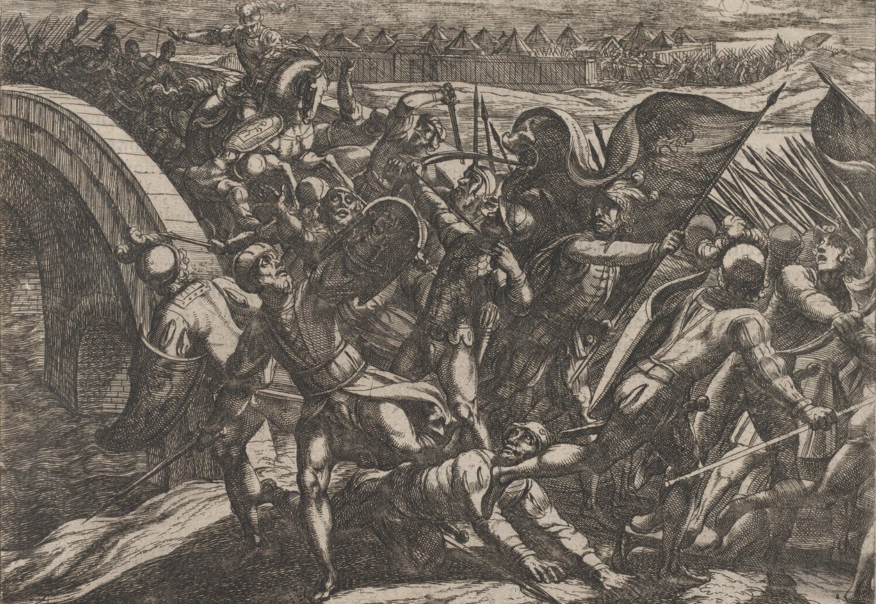 Plate 27: The Dutch During a Surprise Attack of the Roman Camp on the Moselle, from The War by Antonio Tempesta