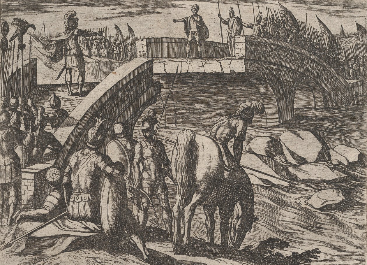 Plate 36: Civilis and Cerialis Meet on a Broken Bridge to Reach an Accord, from The War of... by Antonio Tempesta
