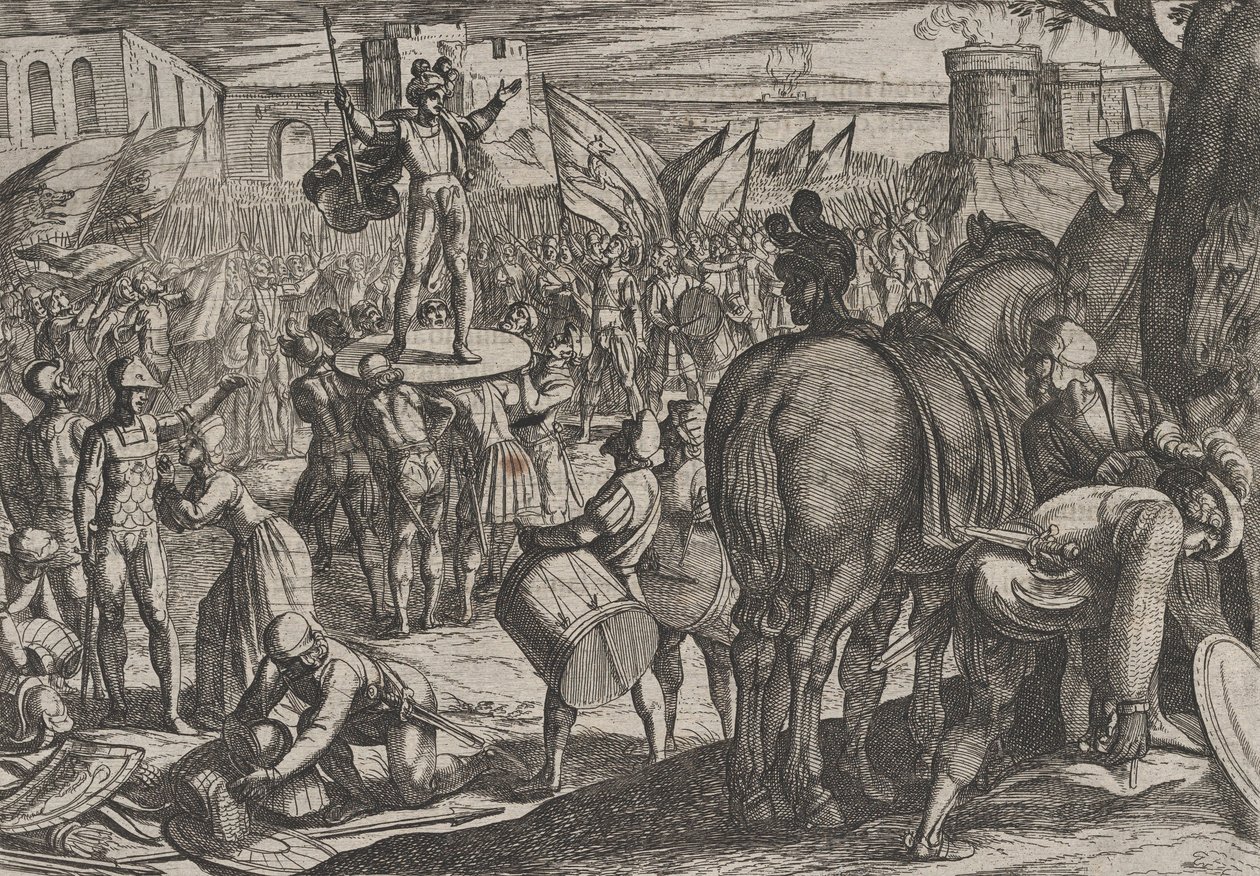 Plate 5: Bruno Appointed Leader of the Caninefates, from The War of the Romans Against the... by Antonio Tempesta