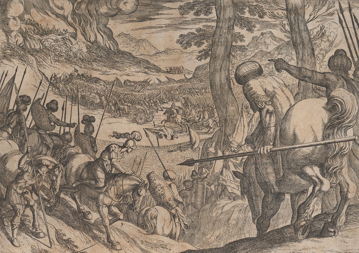 Plate 8: Alexander Encircling the Enemy Troops with Fire, from The Deeds of Alexander the ... by Antonio Tempesta