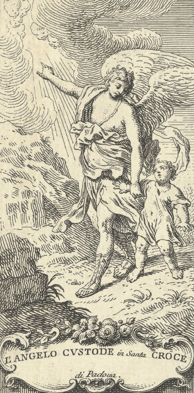 An angel leading a young boy and gesturing to the clouds by Antonio Visentini