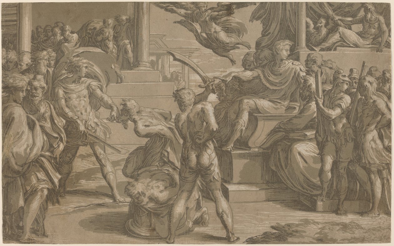 The Martyrdom of Saints Peter and Paul [recto] by Antonio da Trento after Parmigianino
