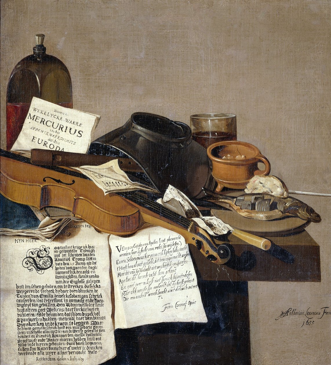 Still Life with Pamphlets, a Violin, Flute, Food and Pamphlets by Antonius Leemans