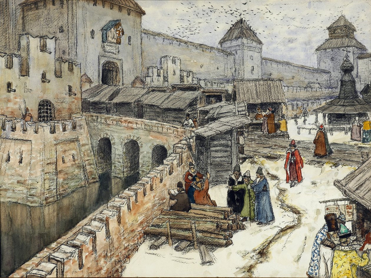 Moscow in the 17th Century, Bookshops on the Christ the Saviour Bridge by Apollinari Mikhailovich Vasnetsov
