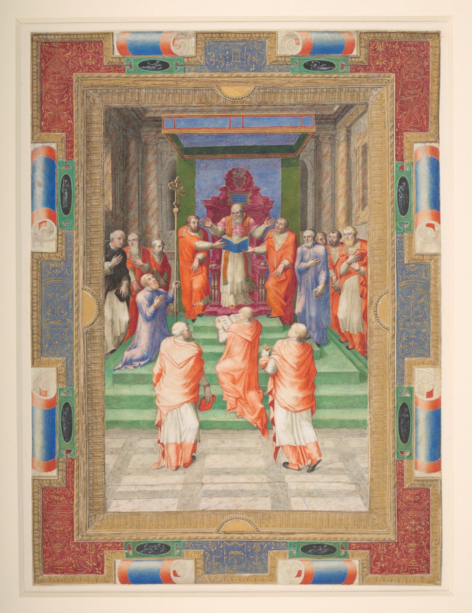 A papal ceremony, Paul IV stands in front of the papal throne, Add. MS 35254 Q, c.1555-59 by Apollonio di Bonfratelli