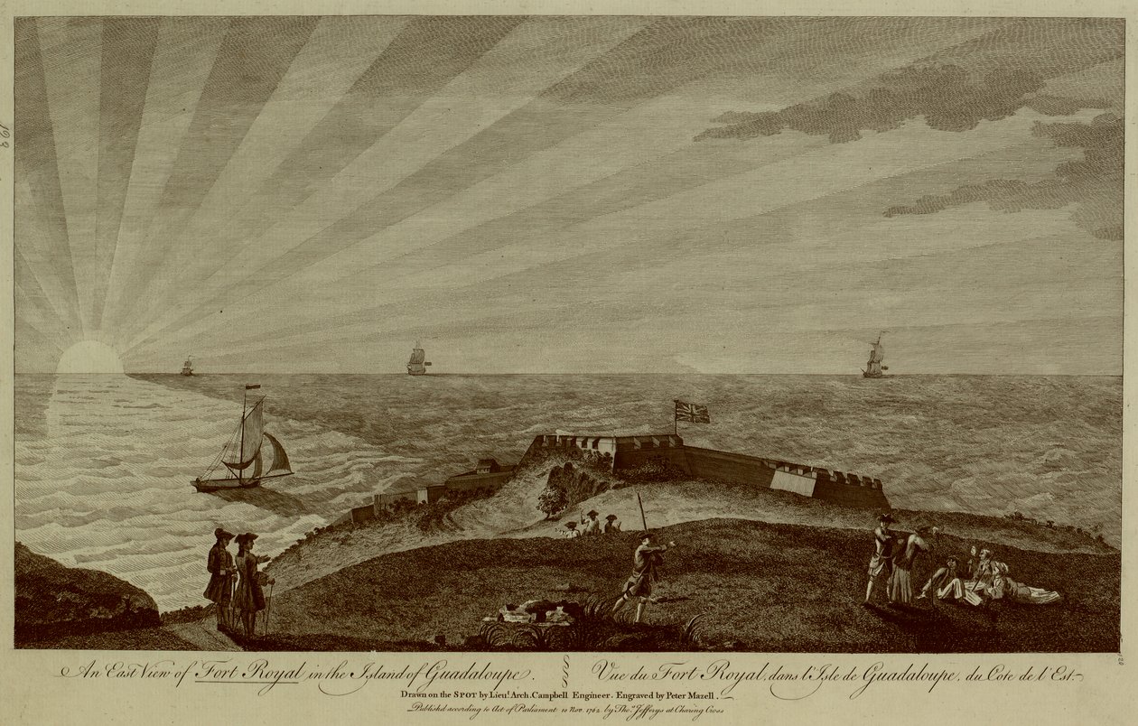 A group of soldiers rest on top of a hill in the foreground, with Fort Royal beyond, sailing ships and the sun setting in the sea in the background by Archibald (after) Campbell