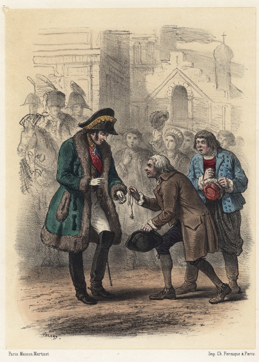 King Charles XIV is awarded a medal by his former teacher - Engraving by Telory by Armand-Louis-Henri Telory
