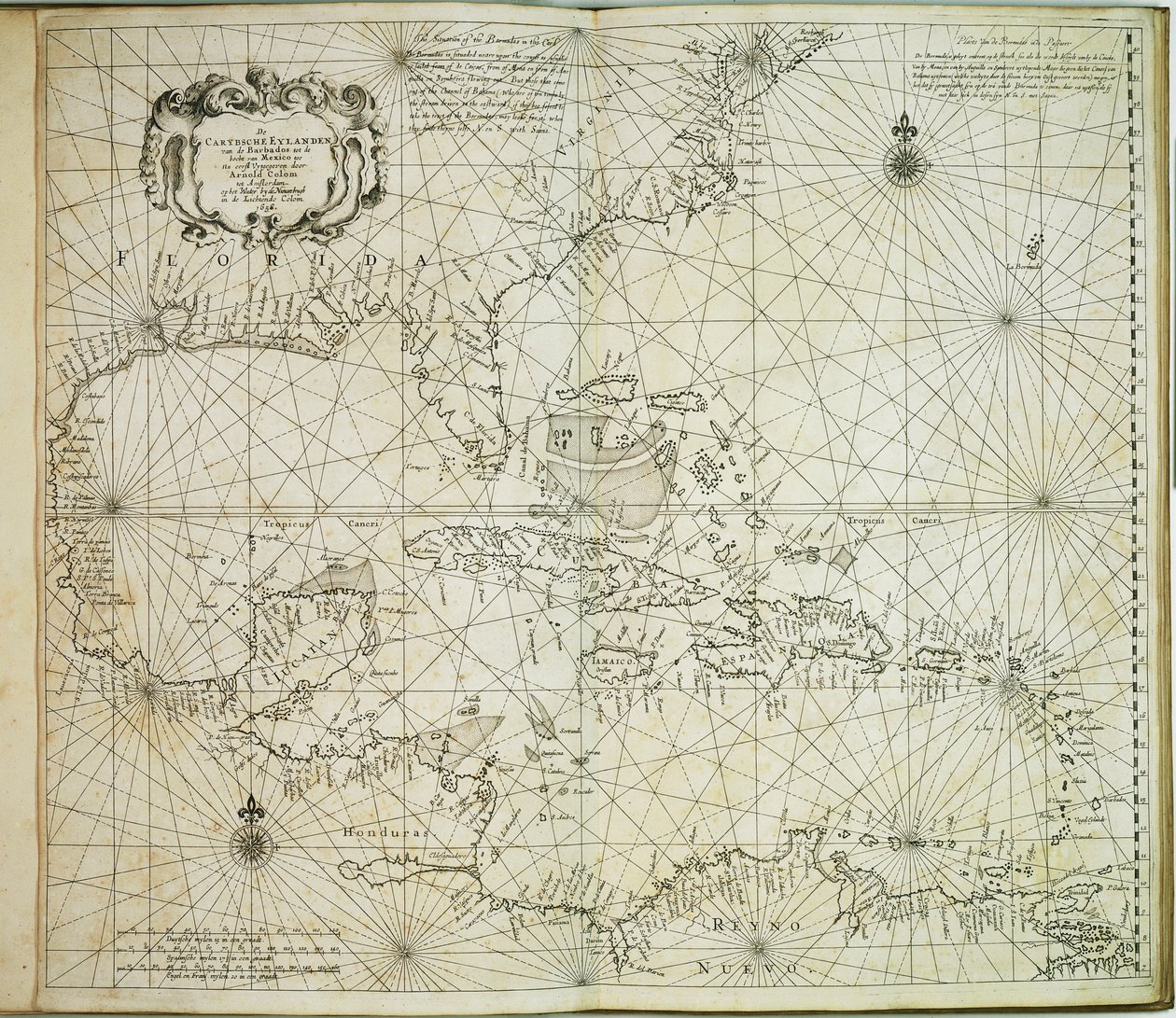 The Carybsche Eylanden of Barbados to the bend of Mexico by Arnold & Colom Jacob Aertsz (1600 73) Colom