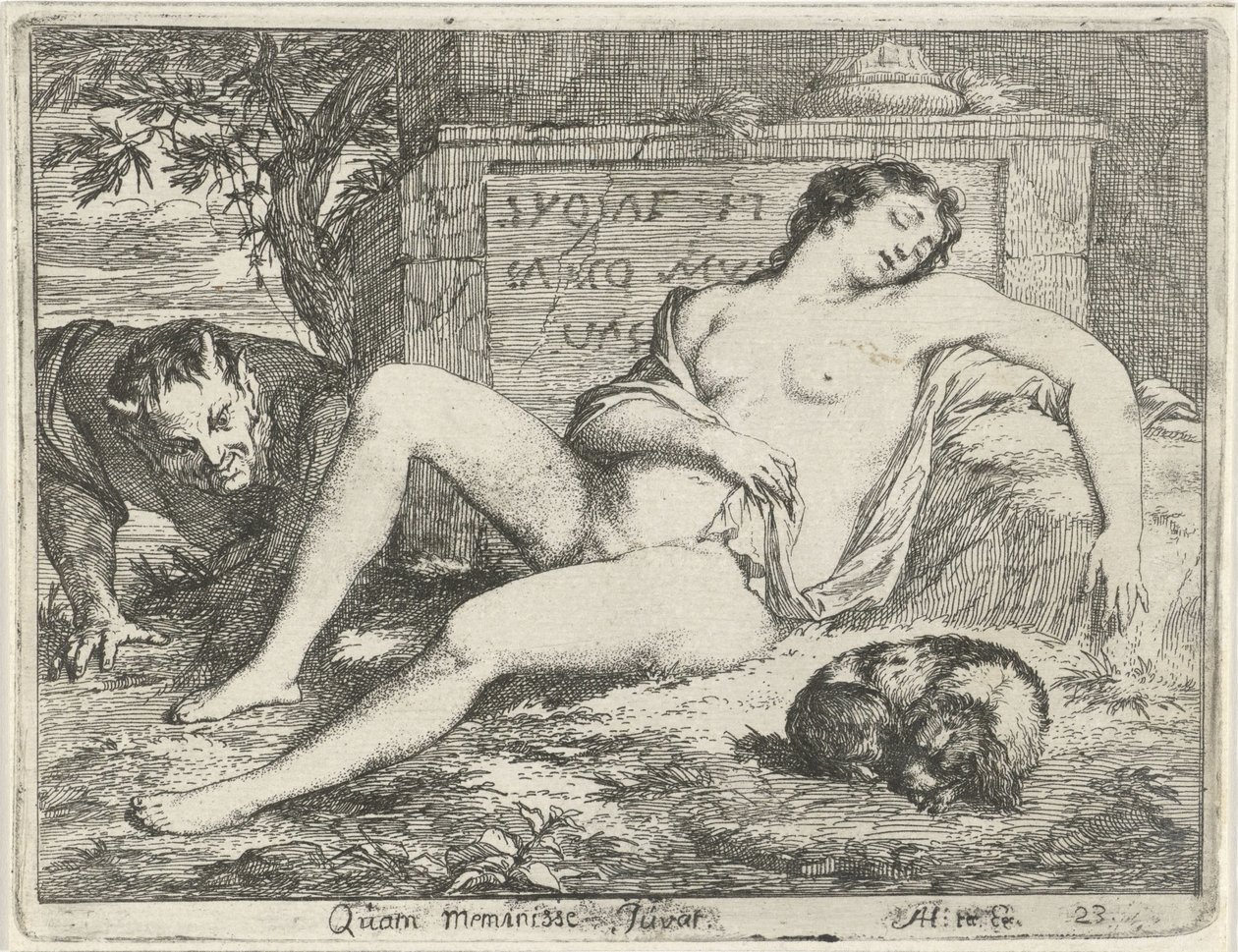 Sleeping Nymph with a Dog Spied by a Satyr (Quam Meminisse Juvat) (Theater of Emblems series) by Arnold Houbraken