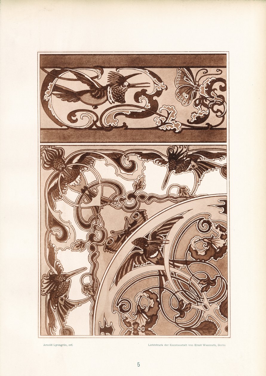 Art Nouveau Ornamental Design with Birds and Butterflies by Arnold Lyongrün