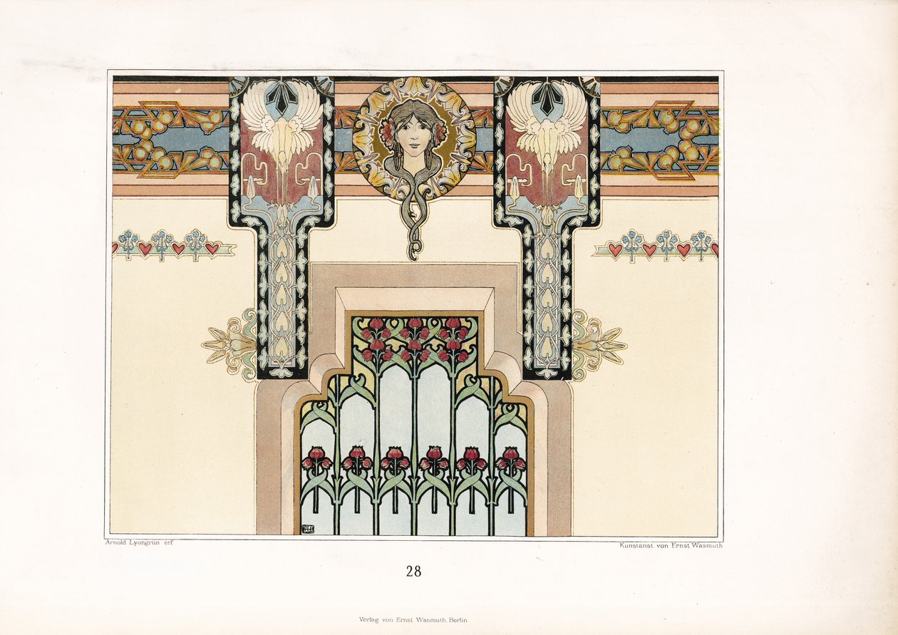 Art Nouveau Wall Decoration with Irises and Figural Design by Arnold Lyongrün