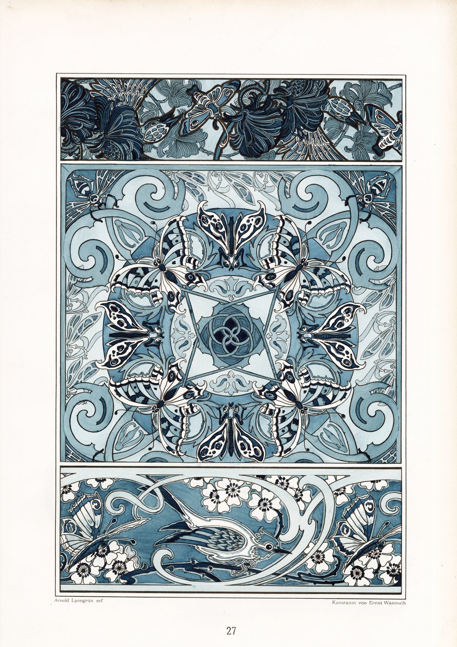 Blue and White Ornamental Patterns with Butterflies and Bird by Arnold Lyongrün
