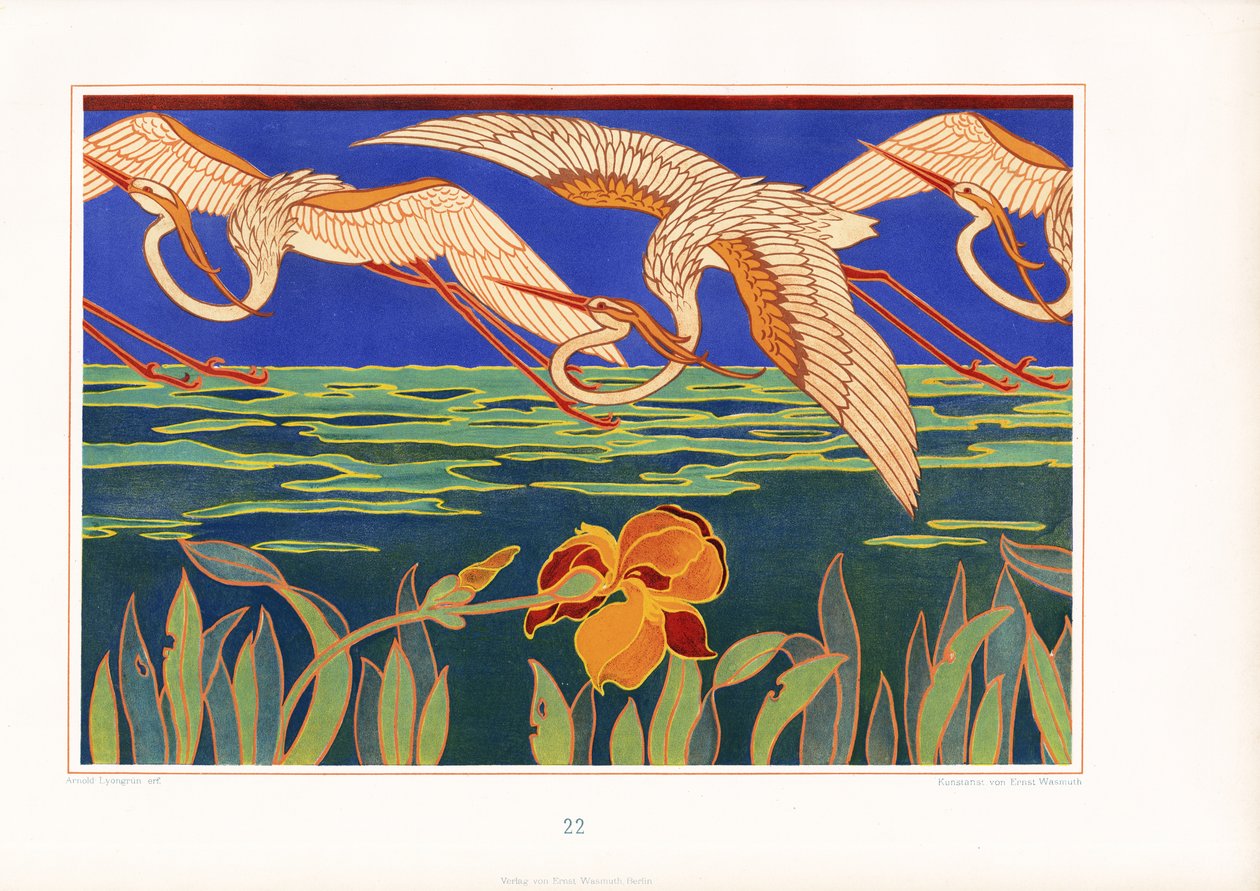 Decorative Art Nouveau Frieze with Herons over Water Landscape by Arnold Lyongrün
