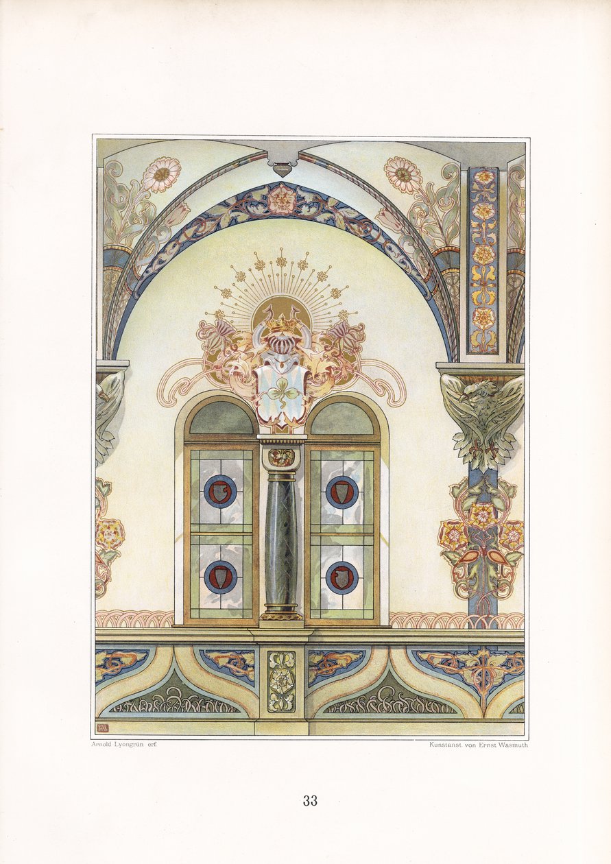 Decorative Art Nouveau Interior Architecture with Archway and Heraldic Elements by Arnold Lyongrün