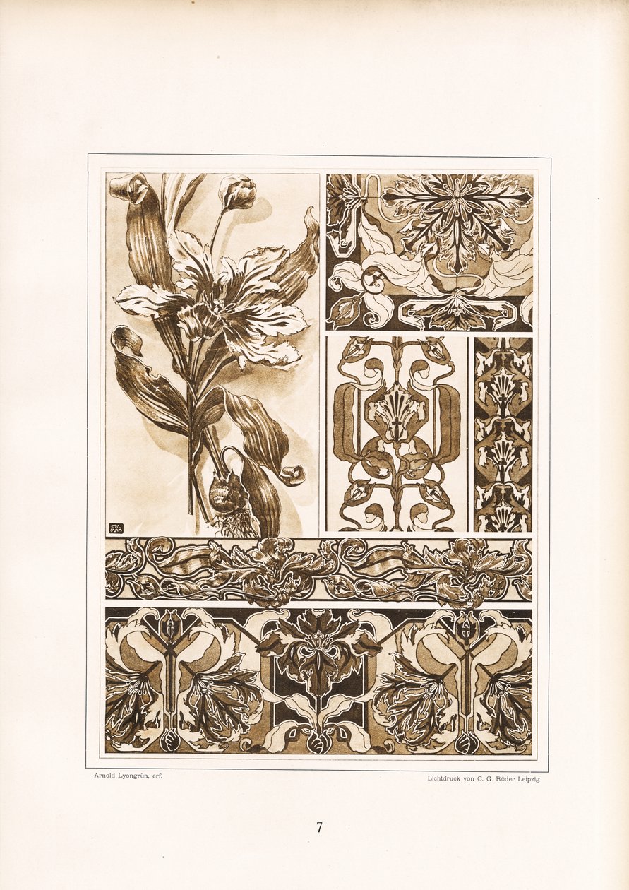 Floral Ornament Studies and Borders in Sepia Tones by Arnold Lyongrün