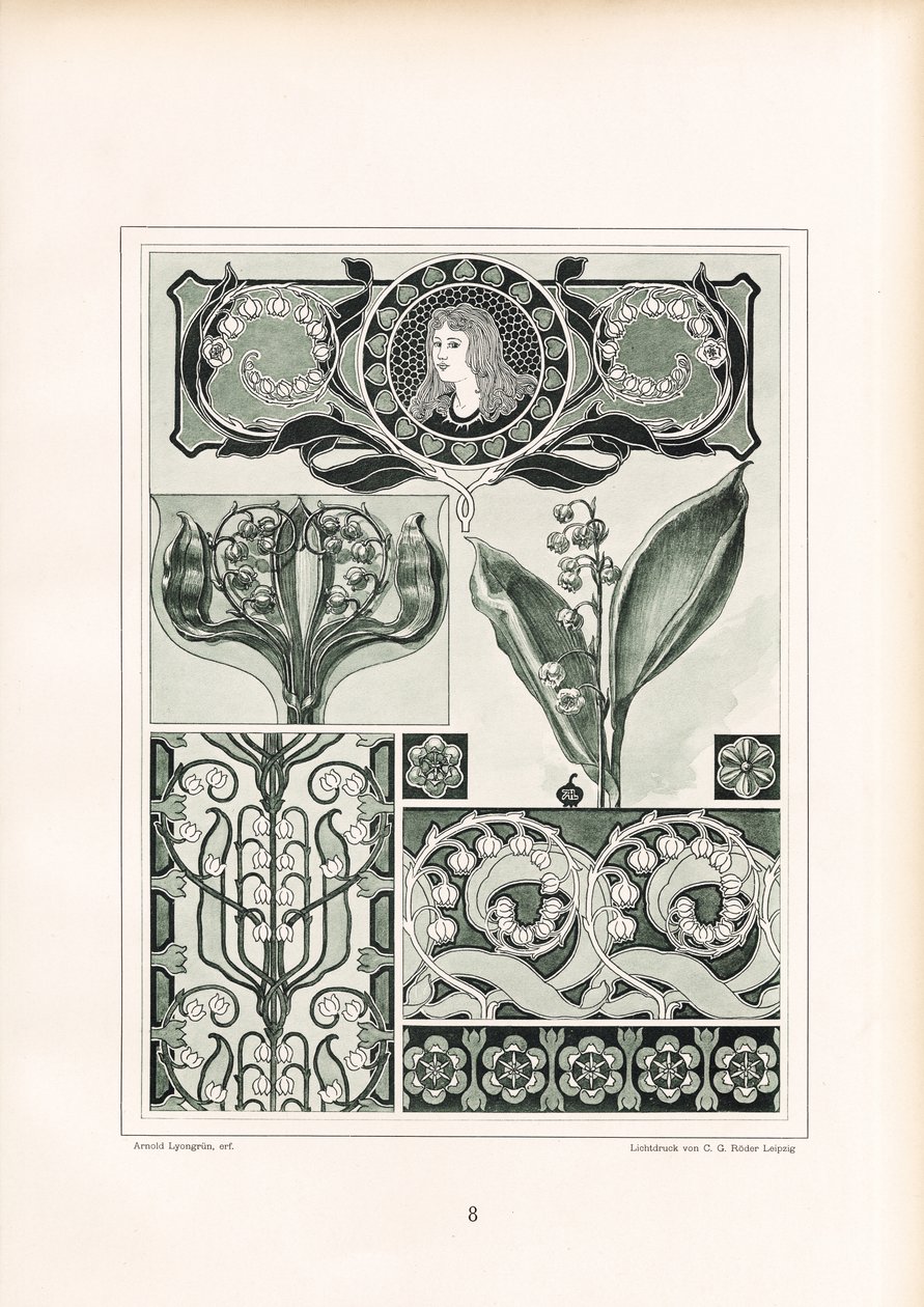 Lily of the Valley Ornamentation with Female Portrait Medallion by Arnold Lyongrün