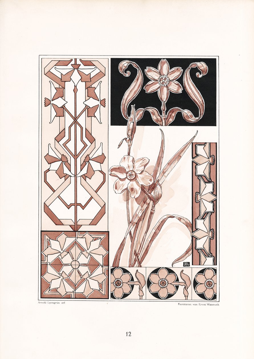 Narcissus Motifs and Geometric Ornaments in Rose Tones by Arnold Lyongrün