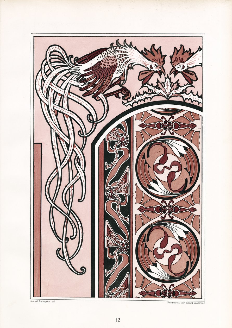 Ornamental Book Decoration with Roosters by Arnold Lyongrün