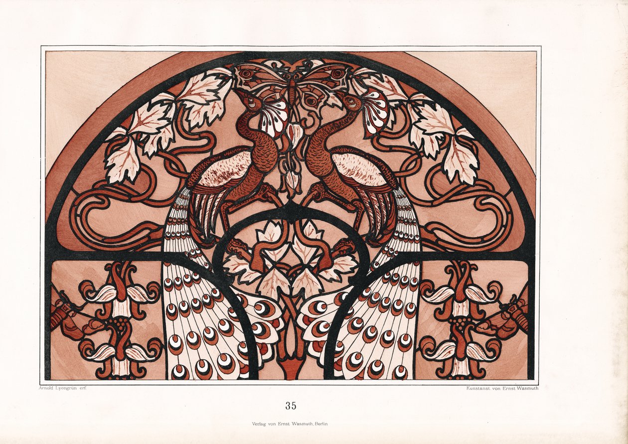 Semi-circular Ornament Design with Peacock Pair and Butterfly by Arnold Lyongrün