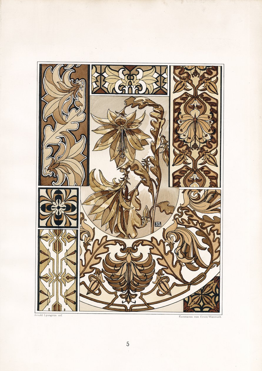 Stylized Leaf Ornaments in Sepia Tones by Arnold Lyongrün