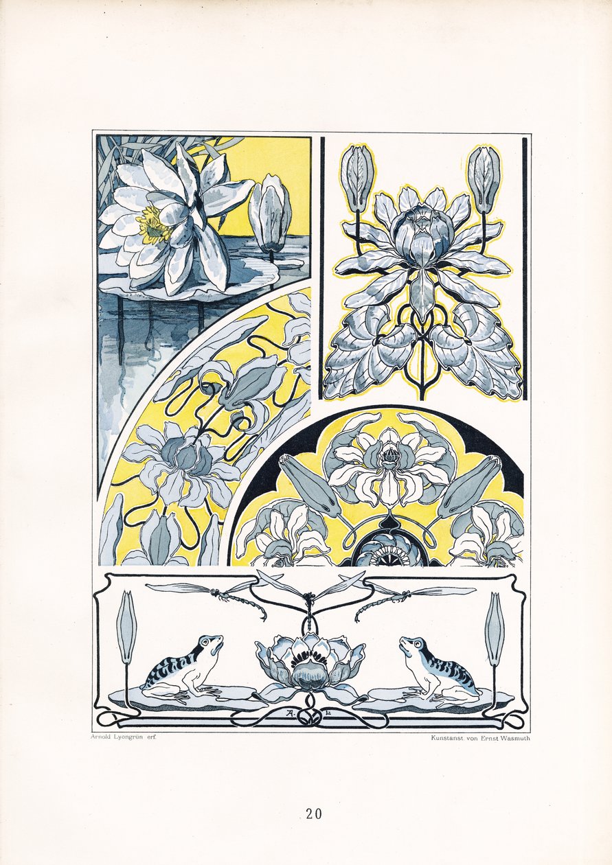 Water Lily Motifs in Blue-Yellow Composition by Arnold Lyongrün