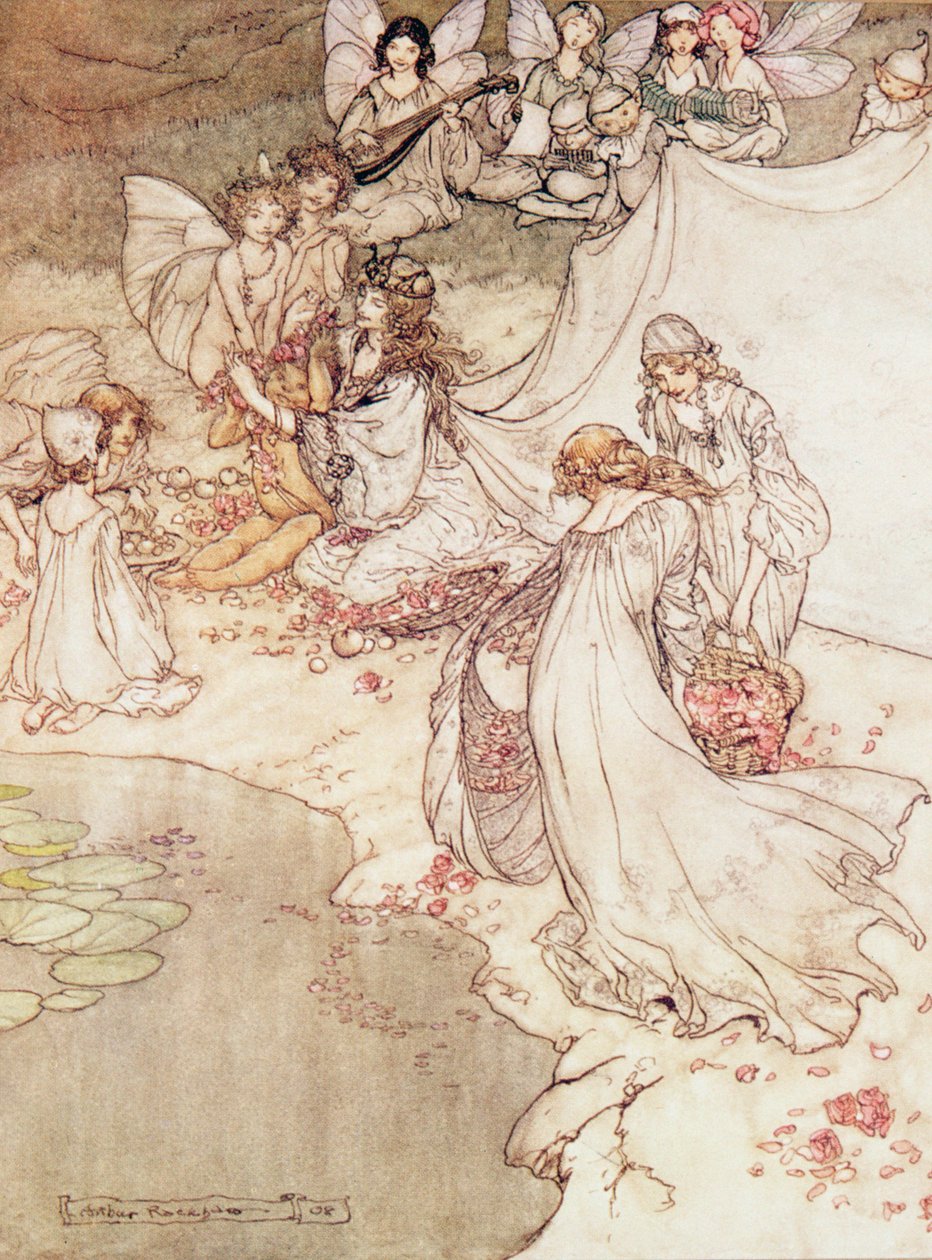 Illustration for a Fairy Tale, Fairy Queen Covering a Child with Blossom by Arthur Rackham