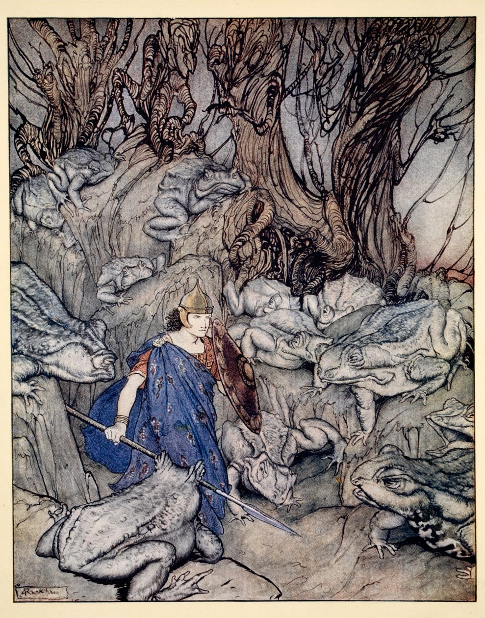 In the forked glen into which he slipped at night-fall he was surrounded by giant toads, illustration from 