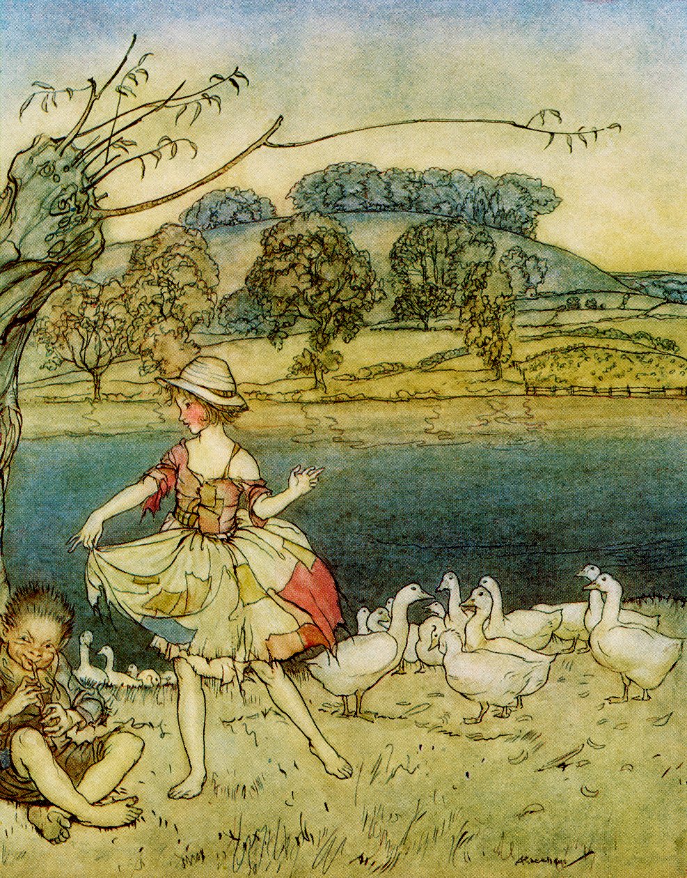 Tattercoats dancing while the gooseherd pipes, from English Fairy Tales Retold by F.A. Steel, 1927 by Arthur Rackham